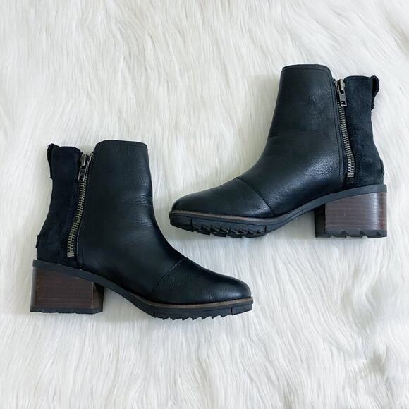 Sorel Black Cate Bootie Leather and Suede Women's Size 6 EUC Side Zip Almond Toe - Picture 6 of 9